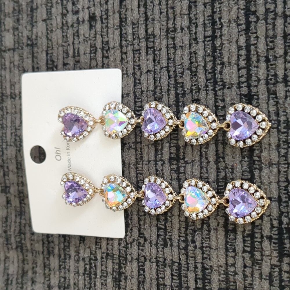 Purple Crystal Heart Dangle Earrings